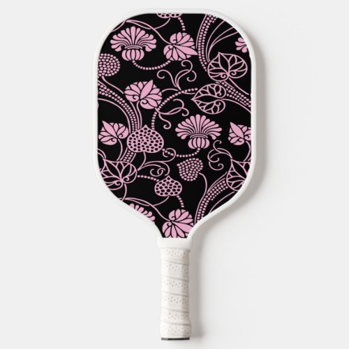 Retro Floral Pattern Pink on Black Pickleball Paddle