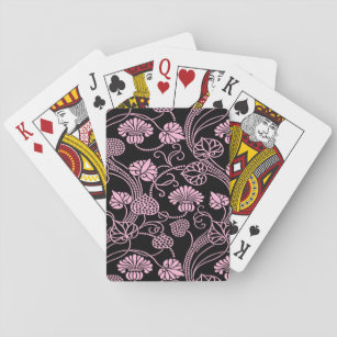 Retro Floral Pattern Pink on Black Playing Cards