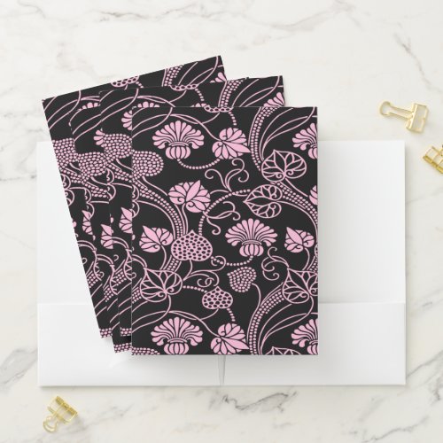 Retro Floral Pattern Pink on Black Pocket Folder