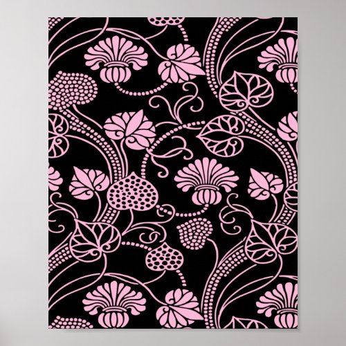 Retro Floral Pattern Pink on Black Poster