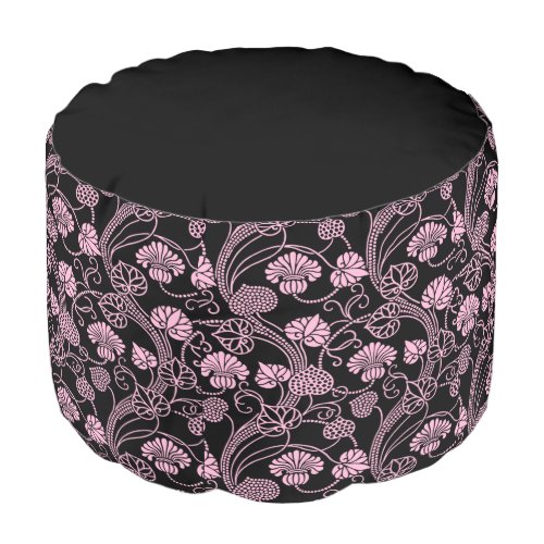 Retro Floral Pattern Pink on Black Pouf