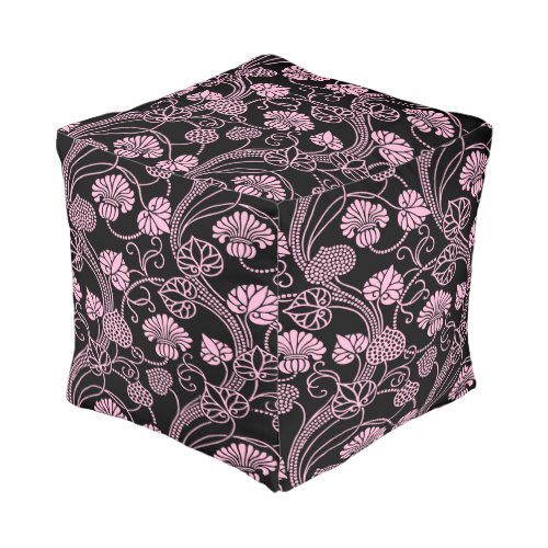 Retro Floral Pattern Pink on Black Pouf