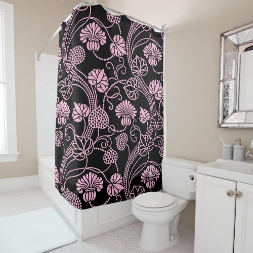 Retro Floral Pattern Pink on Black Shower Curtain