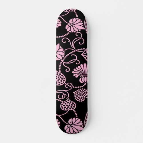 Retro Floral Pattern Pink on Black Skateboard