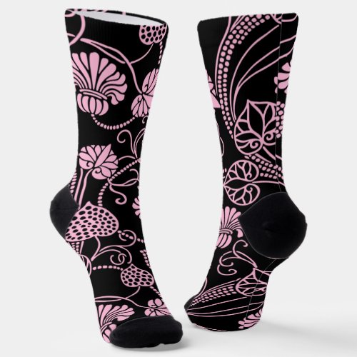 Retro Floral Pattern Pink on Black Socks