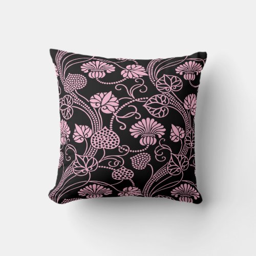 Retro Floral Pattern Pink on Black Throw Pillow