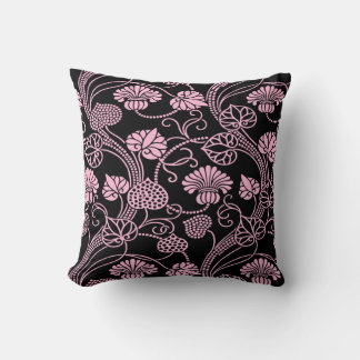 Retro Floral Pattern Pink on Black Throw Pillow