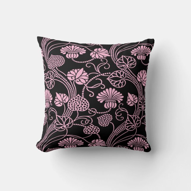 Retro Floral Pattern Pink on Black Throw Pillow (Front)