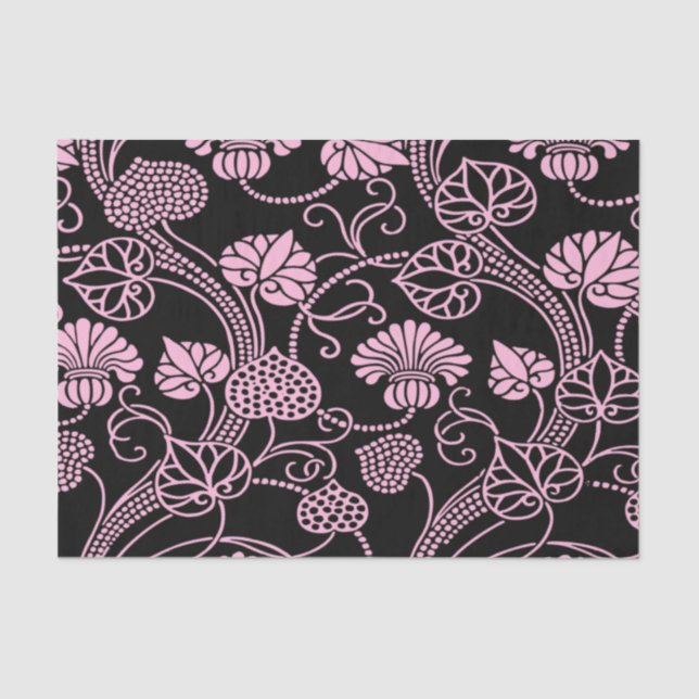 Retro Floral Pattern Pink on Black Tissue Paper (Front)