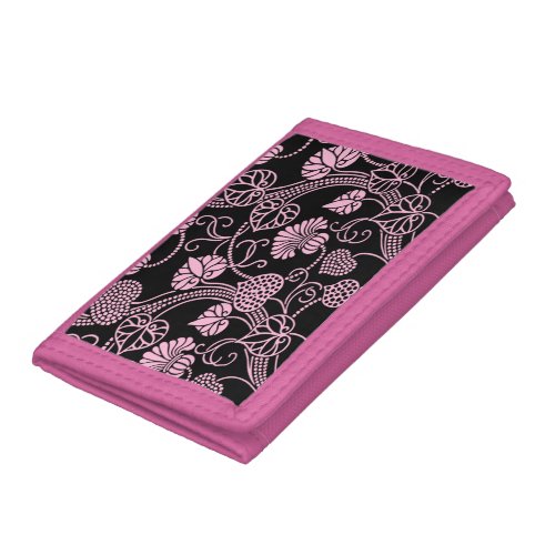 Retro Floral Pattern Pink on Black Trifold Wallet