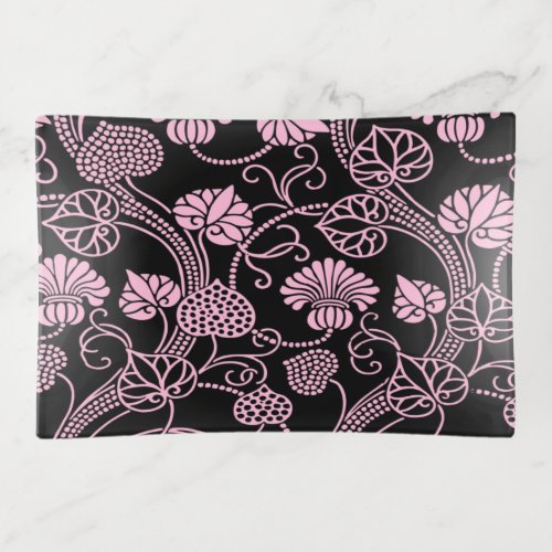 Retro Floral Pattern Pink on Black Trinket Tray