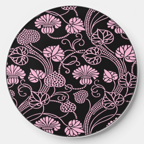 Retro Floral Pattern Pink on Black Wireless Charger