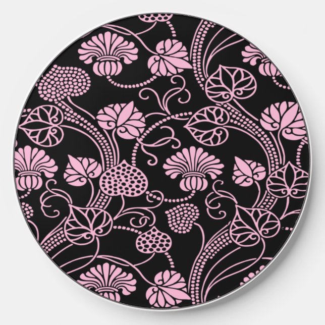 Retro Floral Pattern Pink on Black Wireless Charger (Front)