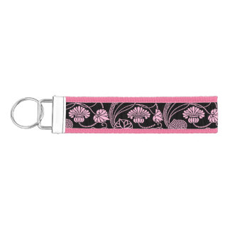 Retro Floral Pattern Pink on Black Wrist Keychain