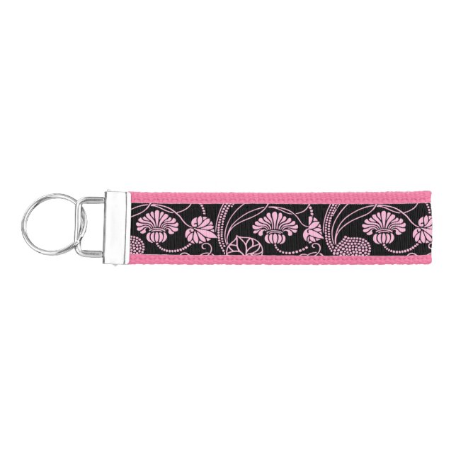 Retro Floral Pattern Pink on Black Wrist Keychain (Keys on Left)