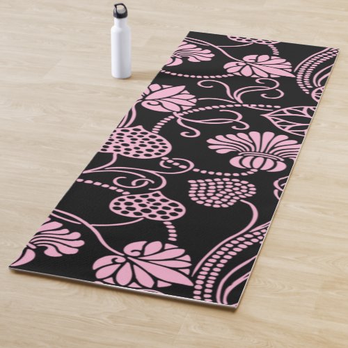 Retro Floral Pattern Pink on Black Yoga Mat