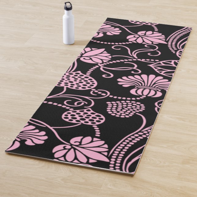 Retro Floral Pattern Pink on Black Yoga Mat (In Situ)