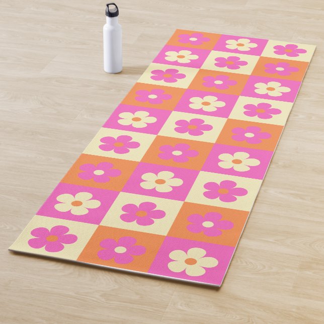 Retro Floral Pattern Pink& Orange BOHO Chic Yoga Mat (In Situ)