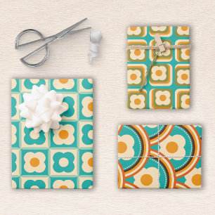 Retro Floral Pattern Teal, Cream, Orange Wrapping Paper Sheets