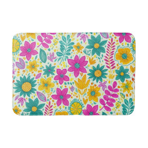 Retro Floral Pattern Vibrant Colorful Daisy Flower Bath Mat