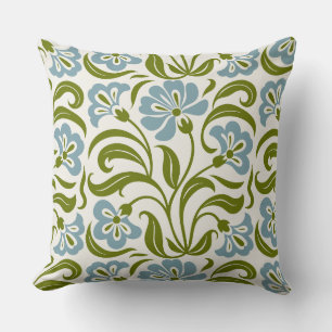 Retro Floral Pattern Vintage Blue Green Botanica Throw Pillow
