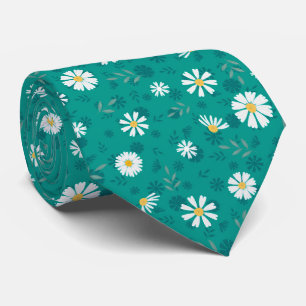 Retro floral pattern. White daisies on a turquoise Neck Tie