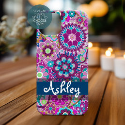 Retro Floral Pattern with Name iPhone 15 Case