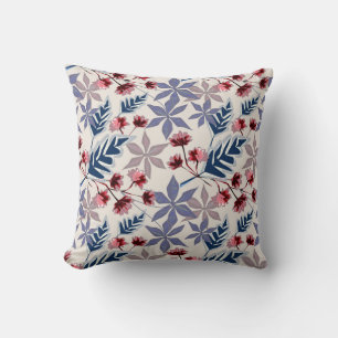 Retro floral pattern with pink, burgundy flowers throw pillow