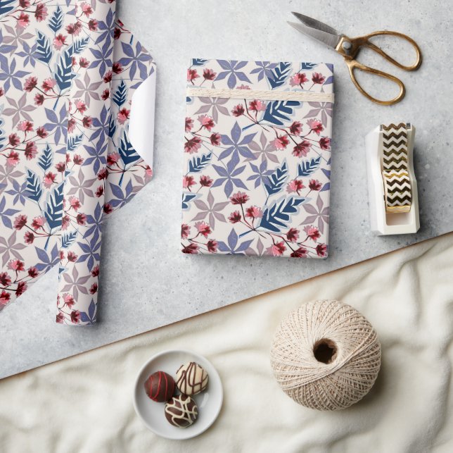 Retro floral pattern with pink, burgundy flowers wrapping paper (Crafts)