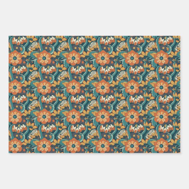 Retro Floral Pattern Wrapping Paper Sheets (Front)