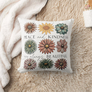 Retro Floral Peace and Kindness Throw Pillow