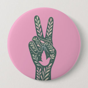 Retro Floral Peace Sign & Dove Art Botanical Sun Button