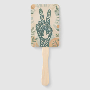 Retro Floral Peace Sign & Dove Art Botanical Sun Hand Fan