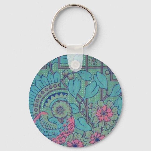 Retro Floral Peacock Keychain (Front)
