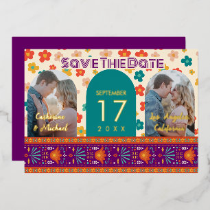 Retro Floral Personalized Two Photo Arch Magenta  Foil Invitation
