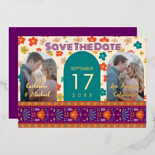 Retro Floral Personalized Two Photo Arch Magenta  Foil Invitation (Front/Back)