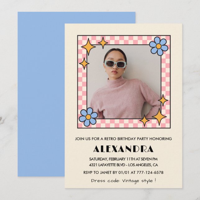 Retro  Floral Photo 39th birthday invitation Blue (Front/Back)