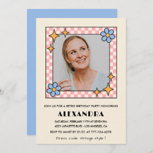 Retro Floral Photo 53rd birthday invitation Blue