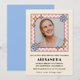 Retro  Floral Photo 56th birthday invitation Blue