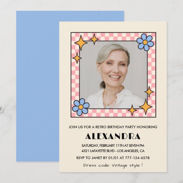 Retro  Floral Photo 79th birthday invitation Blue (Front/Back)