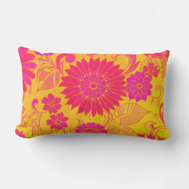 Retro Floral Pink and Yellow Lumbar Pillow (Front)