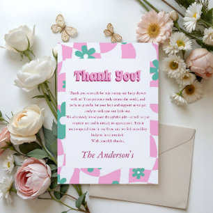 Retro Floral Pink Checkerboard Baby Shower Thank You Card