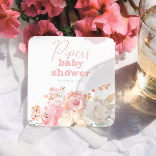 Retro Floral Pink Girl Baby Shower Square Paper Coaster