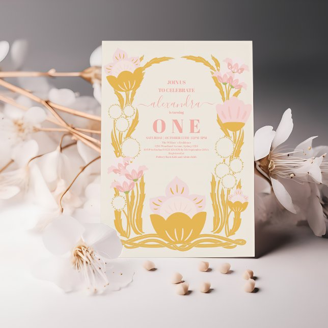 Retro Floral Pink Gold 1st Birthday Invitation (Creator Uploaded)