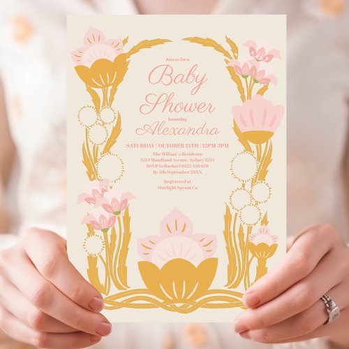 Retro Floral Pink Gold Art Nouveau Baby Shower Invitation