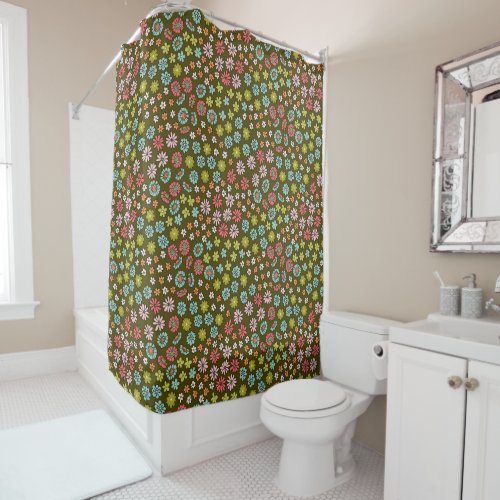 Retro Floral Pink Green  Aqua Shower Curtain