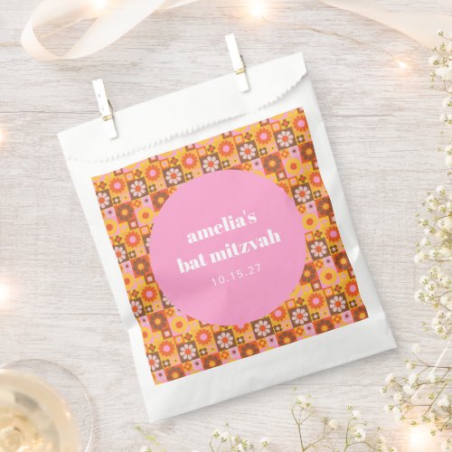 Retro Floral Pink Orange Bat Mitzvah Custom Name