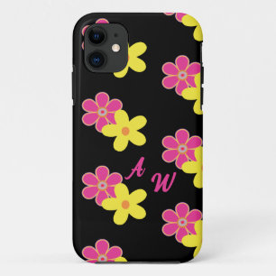 Retro Floral Pink Yellow & Black Personalized iPhone 11 Case