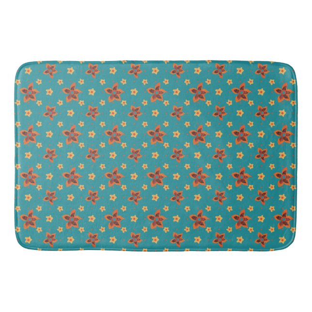 Retro Floral, Polka Dots on Teal Bath Mat (Front)