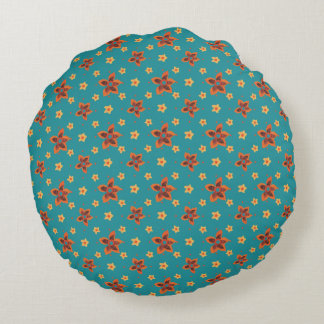 Retro Floral, Polka Dots on Teal Round Pillow